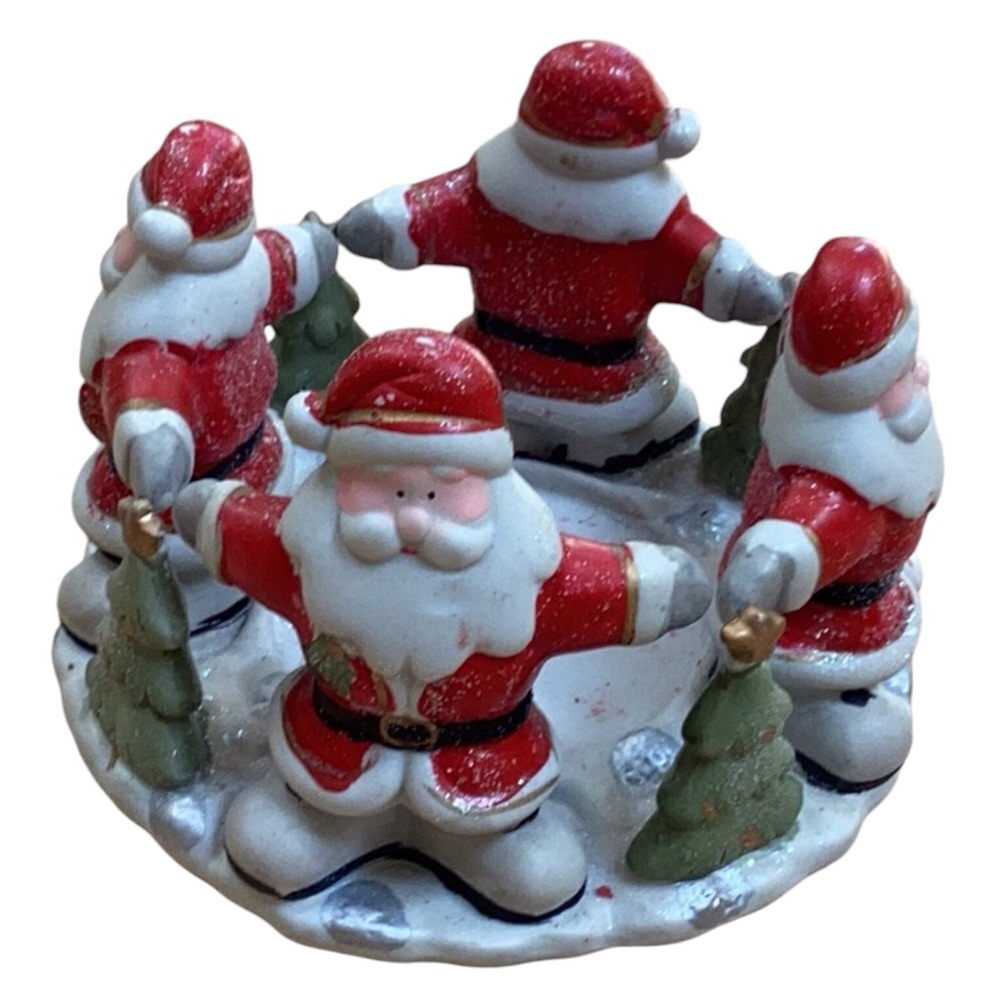 Vintage Santa’s Holding Hands With Christmas Trees Round Ceramic Candle Holder